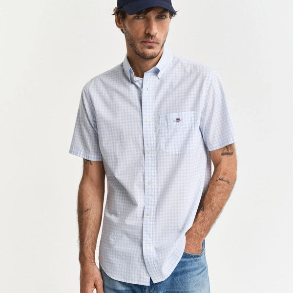 GANT Regular Fit Classic Gingham Poplin Short Sleeve Shirt in Light Blue