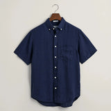 Gant Regular Fit Garment-Dyed Linen Short Sleeve Shirt in Marine
