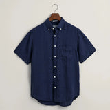 GANT Regular Fit Garment-Dyed Linen Short Sleeve Shirt in Marine