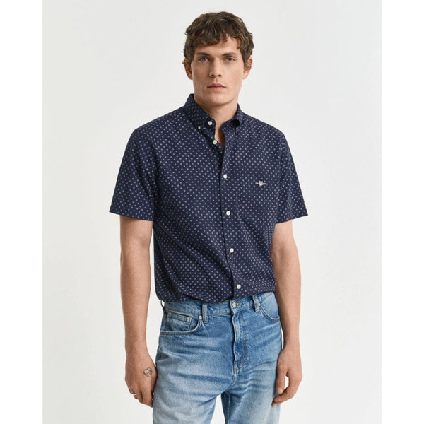 GANT Regular Fit Micro Print Short Sleeve Shirt In Evening Blue