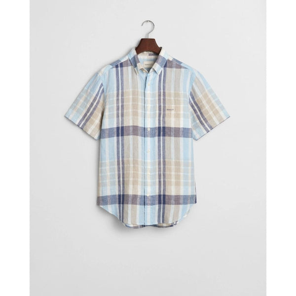 GANT Regular Fit Short Sleeve Linen Madras Shirt In Dry Sand