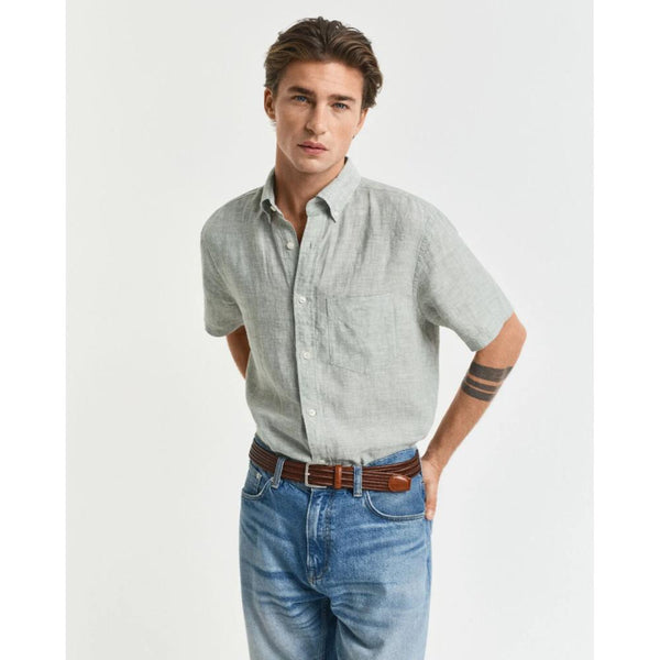 GANT Regular Fit Short Sleeve Linen Shirt In Kalamata Green