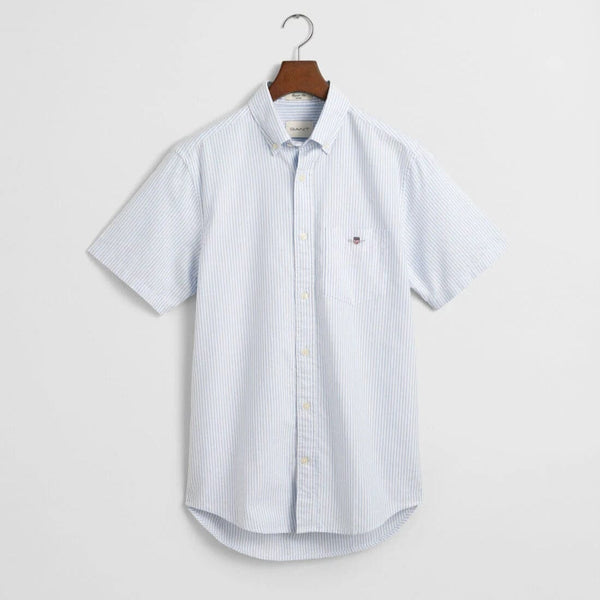 GANT Regular Fit Striped Classic Oxford Short Sleeve Shirt in Light Blue