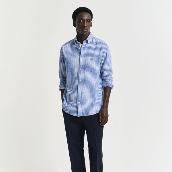 GANT Regular Fit Striped Cotton Linen Shirt in Rich Blue