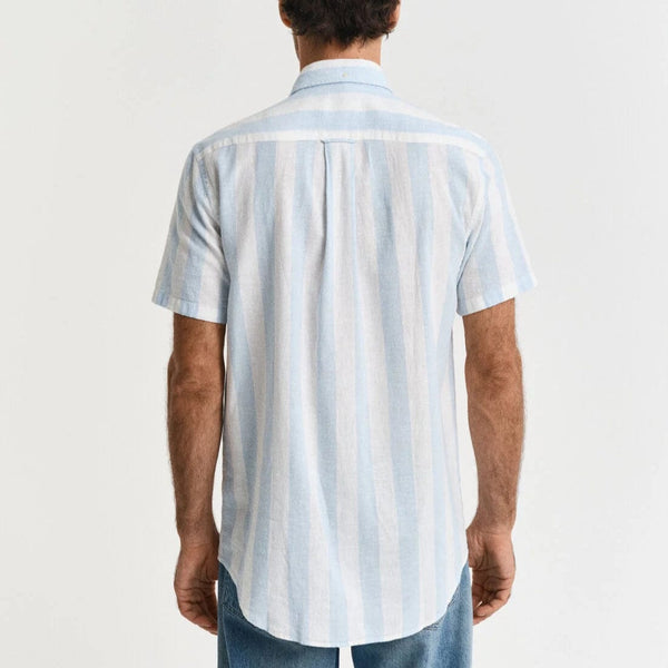 GANT Regular Fit Striped Cotton Linen Short Sleeve Shirt in Fresh Blue