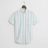 GANT Regular Fit Striped Cotton Linen Short Sleeve Shirt in Fresh Blue