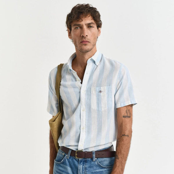 GANT Regular Fit Striped Cotton Linen Short Sleeve Shirt in Fresh Blue