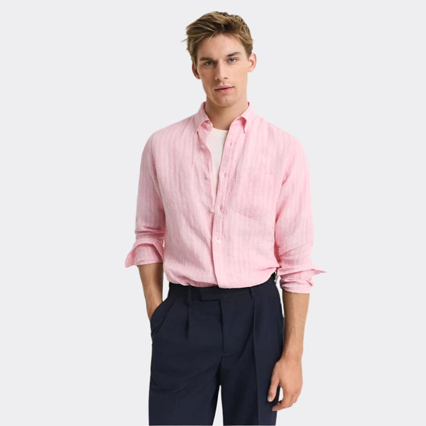 GANT Regular Fit Striped Linen Shirt In Geranium Pink