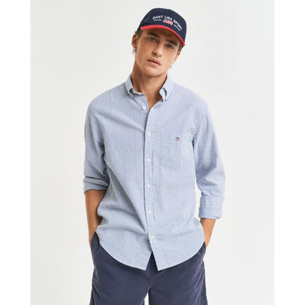 GANT Regular Fit Striped Seersucker Shirt In Rich Blue
