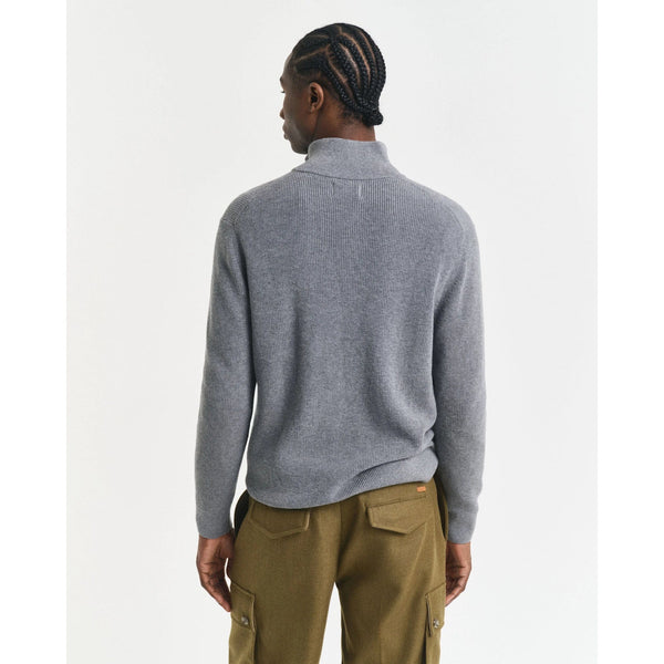 Gant Ribbed Cotton Merino Wool Half-Zip Sweater In Dark Grey Melange
