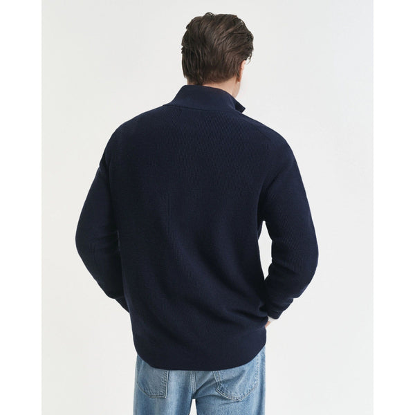 Gant Ribbed Cotton Merino Wool Half-Zip Sweater In Evening Blue