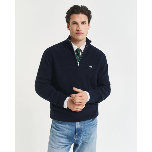 Gant Ribbed Cotton Merino Wool Half-Zip Sweater In Evening Blue
