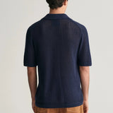Gant Ribbed Linen Blend Short Sleeve Polo Sweater in Evening Blue