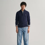 GANT Superfine Lambswool Half Zip Cardigan In Dark Navy Melange