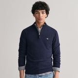 GANT Superfine Lambswool Half Zip Cardigan In Dark Navy Melange