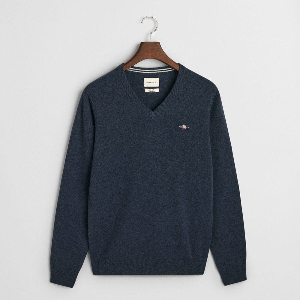 GANT Superfine Lambswool V-Neck Sweater in Navy Melange