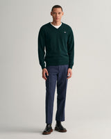 GANT  Superfine Lambswool V-Neck Sweater in Tartan Green