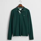 GANT Textured Collar Long Sleeve Polo Shirt in Tartan Green
