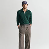GANT Textured Collar Long Sleeve Polo Shirt in Tartan Green