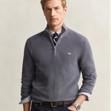 GANT Textured Cotton Half-Zip Sweater In Mid Grey