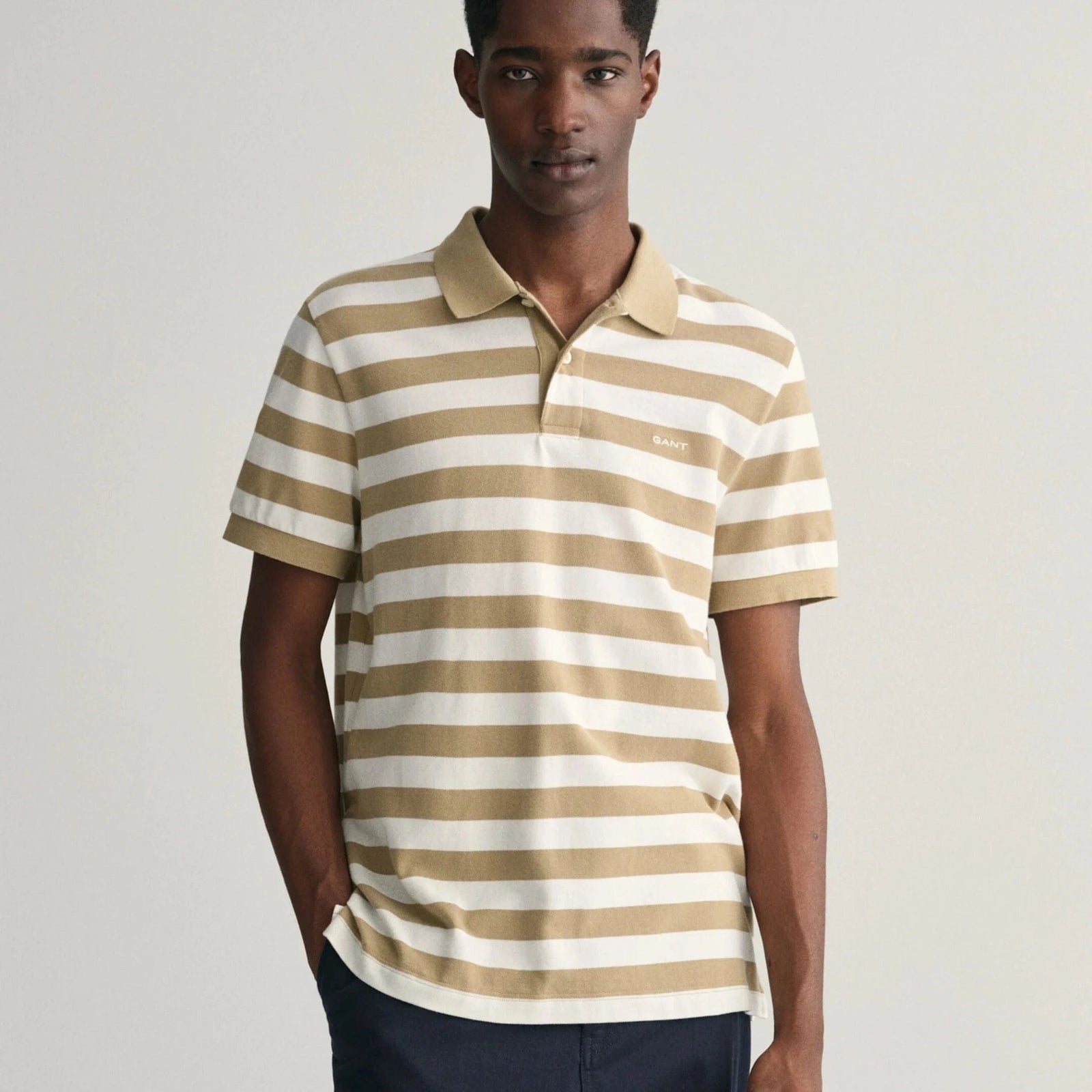 GANT Wide Striped Piqué Polo Shirt in Dried Khaki