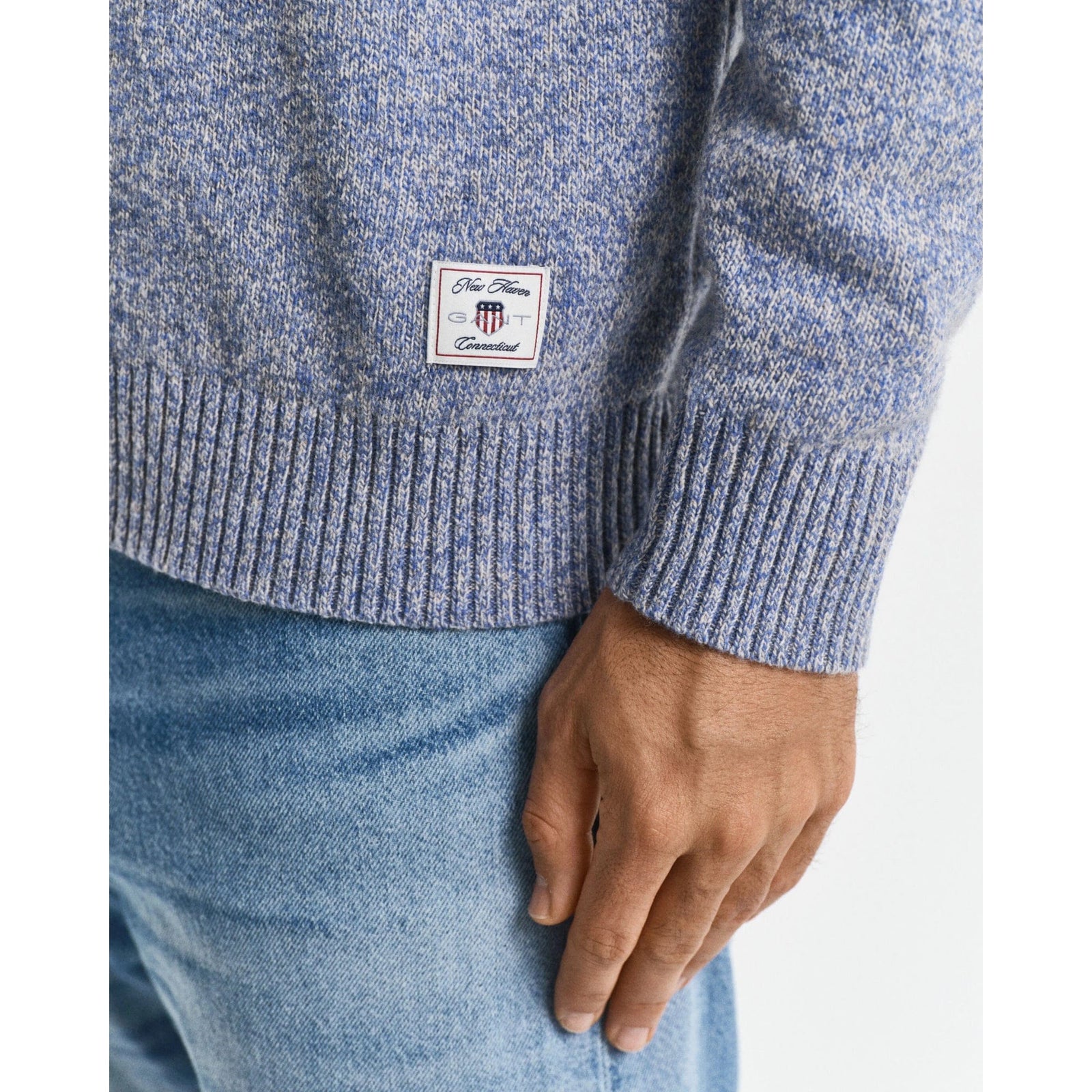 GANT Katoenen piqué trui met C-hals voor heren, Denim Blue Mel, M