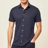 Hackett Cotton Linen Short Sleeved Shirt Navy