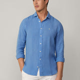Hackett Tailored Fit Linen Kent Shirt In Sea Blue