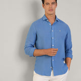 Hackett Tailored Fit Linen Kent Shirt In Sea Blue