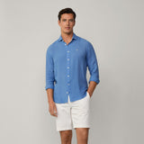Hackett Tailored Fit Linen Kent Shirt In Sea Blue