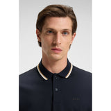 BOSS Striped-Collar Slim-Fit Cotton Polo Shirt With Logo In Dark Blue