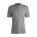BOSS Striped-Collar Slim-Fit In Cotton Polo Shirt With Logo In Silver