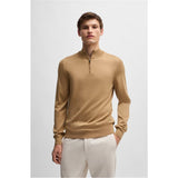 BOSS Zip-Neck Virgin Wool Sweater In Beige