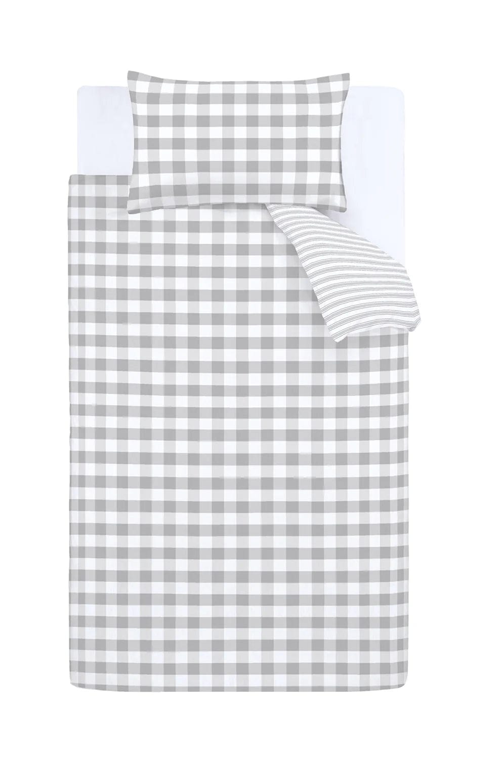 Little Bianca Bedding Check and Stripe Cotton Reversible Duvet Cover Set with Pillowcase Grey