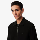 Lacoste Cotton And Wool Blend Half Zip Polo Collar Sweater In Black