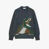 Lacoste Mercerised Knit Intarsia Crocodile Sweater In Blue
