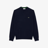 Lacoste Monochrome Crew Neck Cotton Sweater In Navy