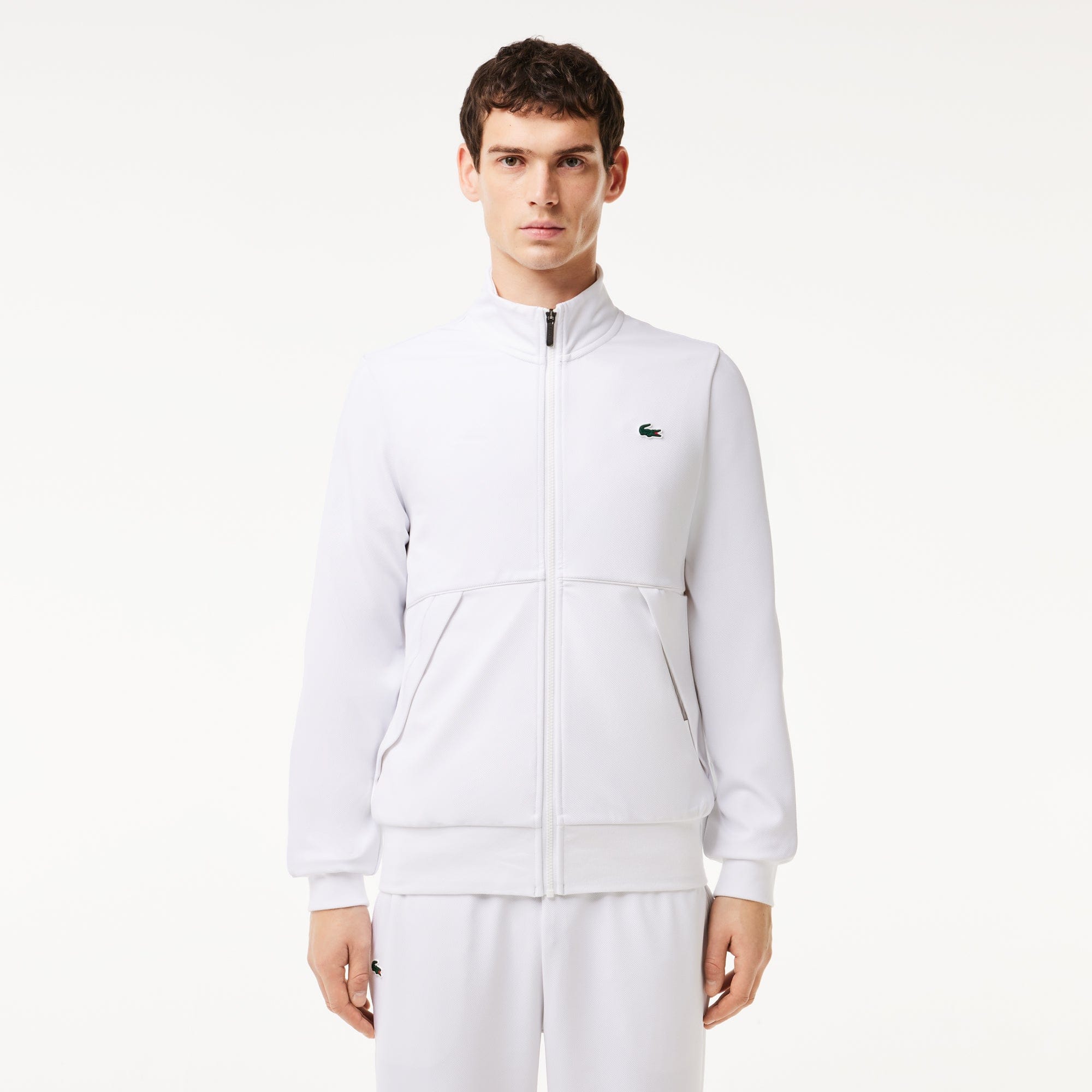 LACOSTE ホワイト ウィンドブレーカー Men's Loose Fit Zip-Up Piqué Sweatshirt - Sweaters