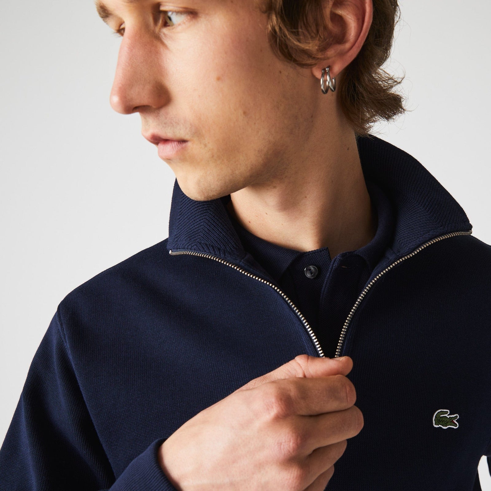 Lacoste Zippered Stand Up Collar Cotton Sweatshirt in Navy