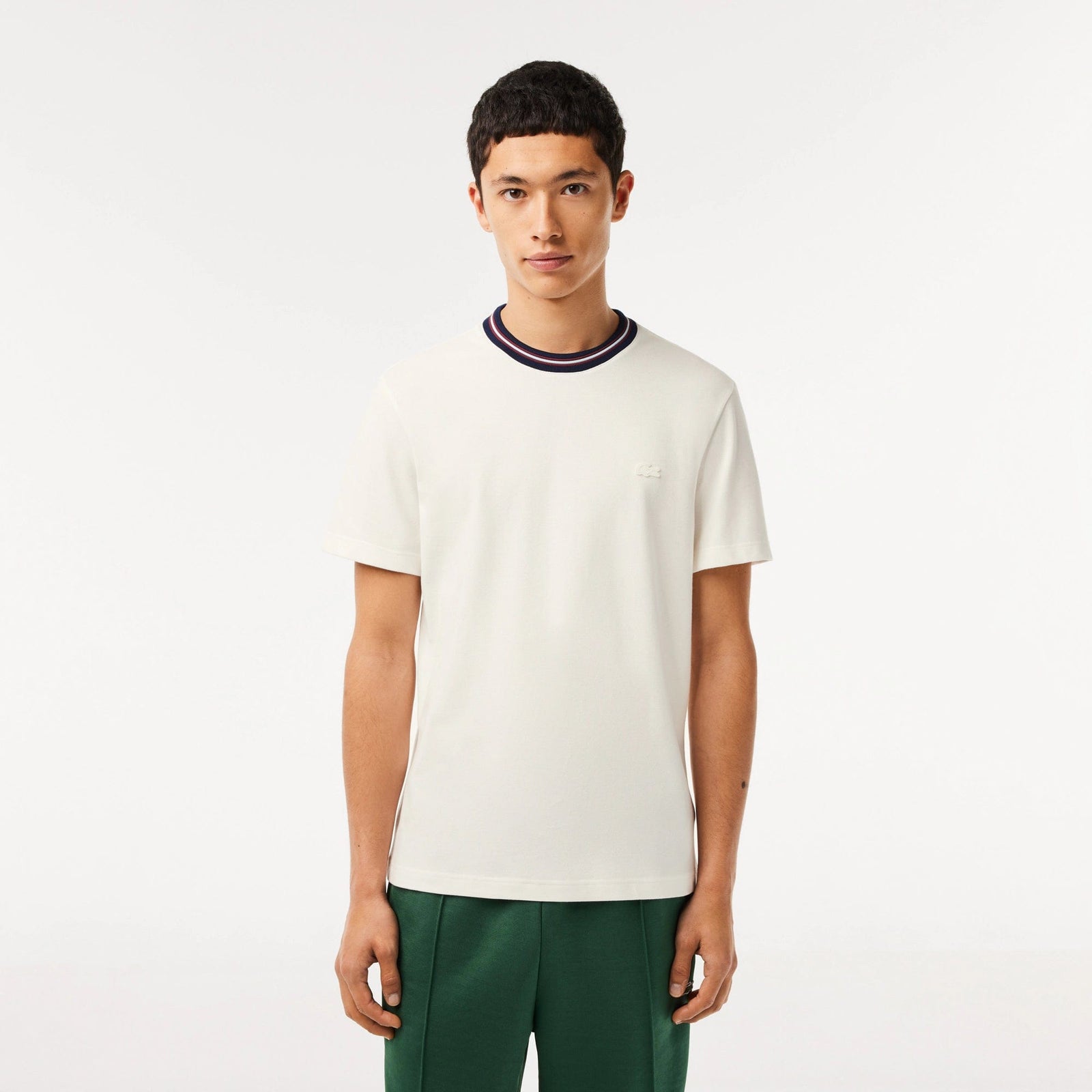 Lacoste Stripe Collar Stretch Piqué T-Shirt in White 70V