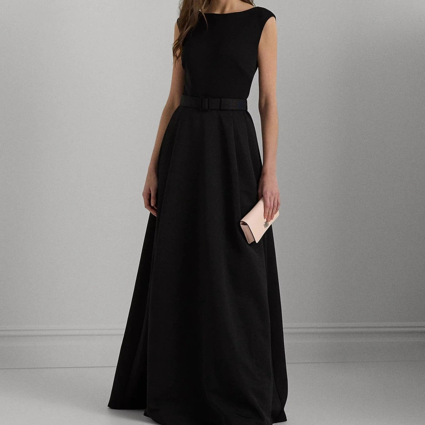 ralph lauren belted faille & jersey cocktail dress Lauren Gown in Black milo_allbottoms