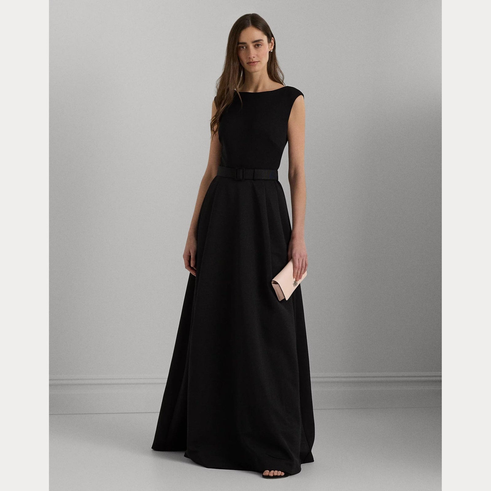 Lauren Ralph Lauren Belted Faille & Jersey Gown in Black