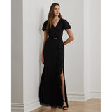 Lauren Ralph Lauren Belted Georgette Flutter-Sleeve Gown In Black