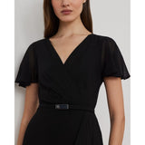 Lauren Ralph Lauren Belted Georgette Flutter-Sleeve Gown In Black