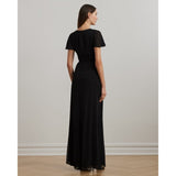Lauren Ralph Lauren Belted Georgette Flutter-Sleeve Gown In Black