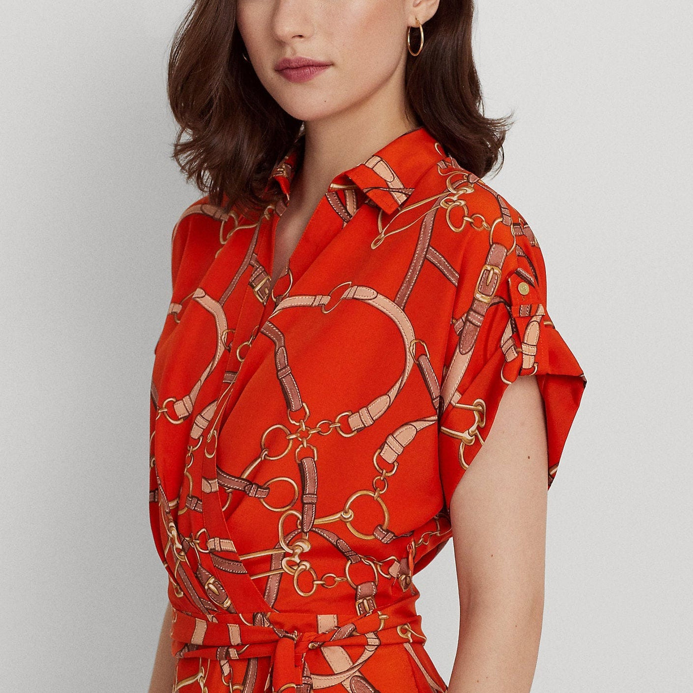 Lauren Ralph Lauren Belting-Print Belted Crepe Dress in Orange Lauren Ralph Lauren Belting-Print Belted Crepe Dress in Orange