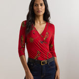 Lauren Ralph Lauren Belting-Print Jersey Surplice Top In Red