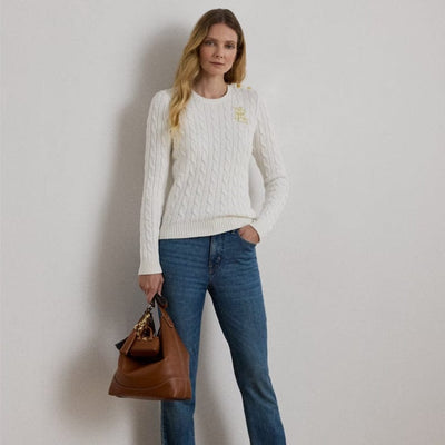 Lauren Ralph Lauren Button-Trim Cable-Knit Cotton Jumper In Mascarpone Cream