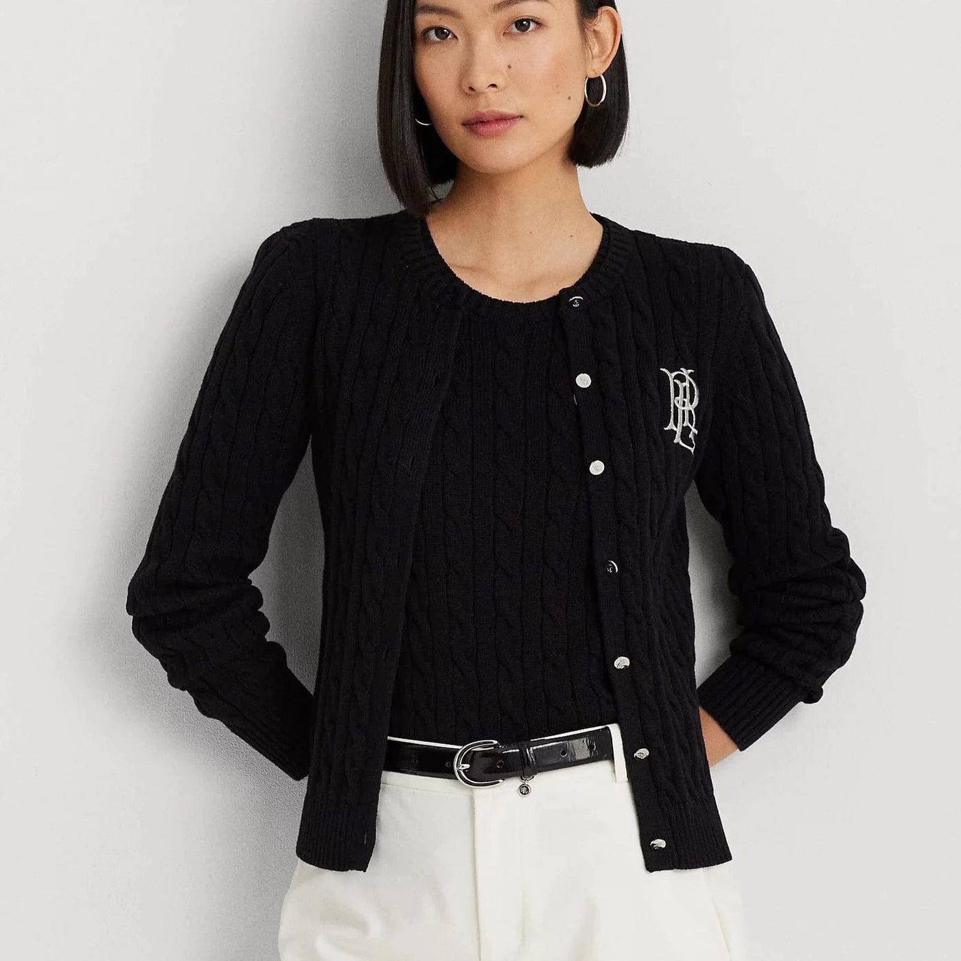 Lauren Ralph Lauren Cable Knit Cotton Cardigan in Black
