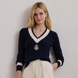 Lauren Ralph Lauren Cable-Knit Cotton Cricket Jumper In Navy